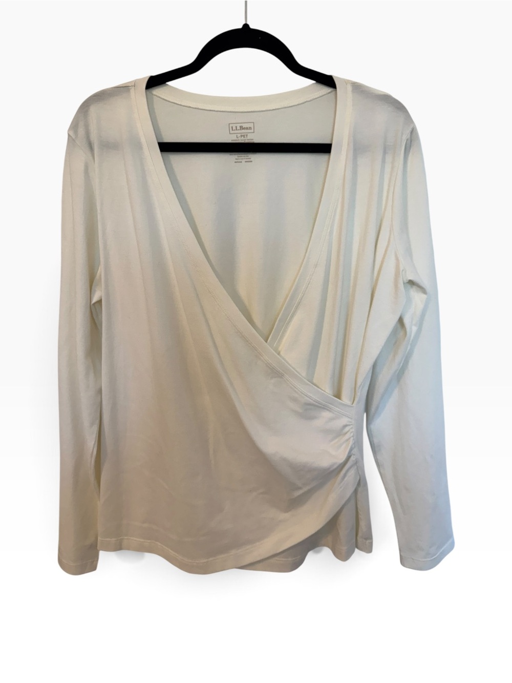 L.L. Bean Cream Wrap-Style Long Sleeve Top V-Neck Size Large Petite